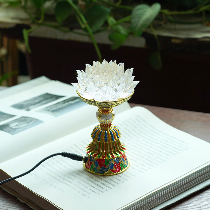 Buddha Stones Lotus Liuli Glassockel mit acht Glückssymbolen – Erleuchtung und Wohnaccessoires - Weißer Lotus (9*14-16*6,8 cm) - Plug-in - image 9