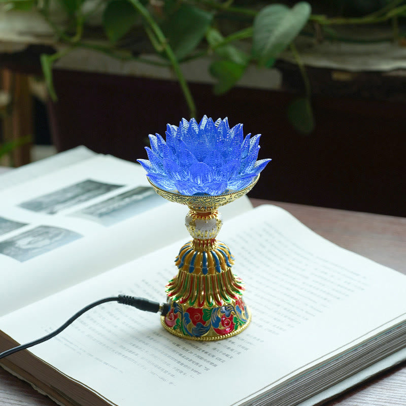 Buddha Stones Lotus Liuli Glassockel mit acht Glückssymbolen – Erleuchtung und Wohnaccessoires - Blauer Lotus (9*14-16*6,8 cm) - Plug-in - image 10