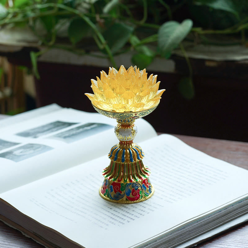 Buddha Stones Lotus Liuli Glassockel mit acht Glückssymbolen – Erleuchtung und Wohnaccessoires - Goldener Lotus (9 x 14–16 x 6,8 cm) - Wiederaufladbar - image 25