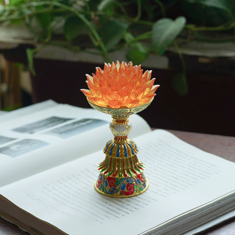 Buddha Stones Lotus Liuli Glassockel mit acht Glückssymbolen – Erleuchtung und Wohnaccessoires - Orangefarbene Lotusblume (9 x 14–16 x 6,8 cm) - Wiederaufladbar - image 26