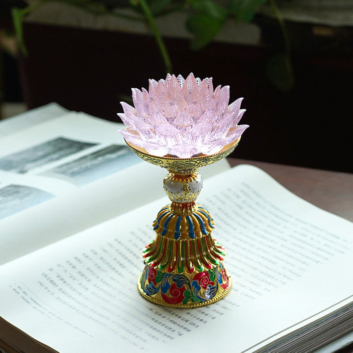 Buddha Stones Lotus Liuli Glassockel mit acht Glückssymbolen – Erleuchtung und Wohnaccessoires - Rosa Lotusblume (9 x 14–16 x 6,8 cm) - Wiederaufladbar - image 28