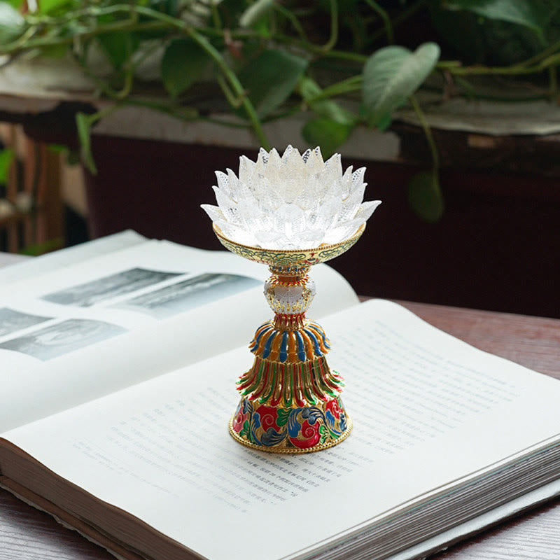 Buddha Stones Lotus Liuli Glassockel mit acht Glückssymbolen – Erleuchtung und Wohnaccessoires - Weißer Lotus (9*14-16*6,8 cm) - Wiederaufladbar - image 29