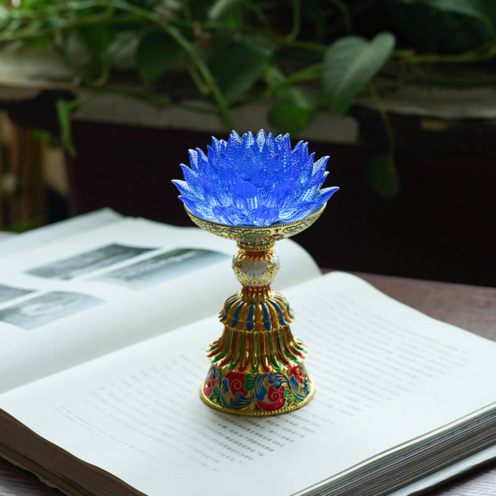 Buddha Stones Lotus Liuli Glassockel mit acht Glückssymbolen – Erleuchtung und Wohnaccessoires - Blauer Lotus (9*14-16*6,8 cm) - Wiederaufladbar - image 30