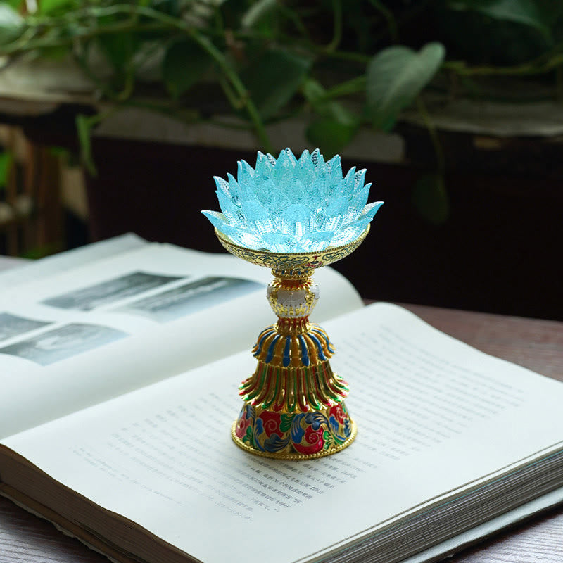 Buddha Stones Lotus Liuli Glassockel mit acht Glückssymbolen – Erleuchtung und Wohnaccessoires - Hellblauer Lotus (9*14-16*6,8 cm) - Wiederaufladbar - image 33
