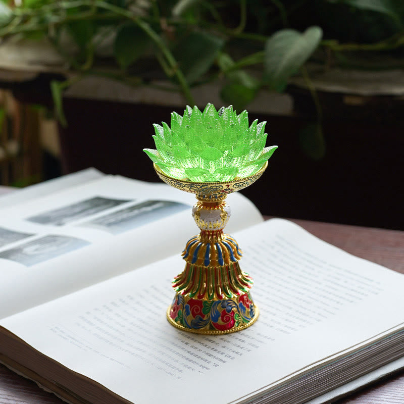 Buddha Stones Lotus Liuli Glassockel mit acht Glückssymbolen – Erleuchtung und Wohnaccessoires - Grüner Lotus (9*14-16*6,8 cm) - Wiederaufladbar - image 34
