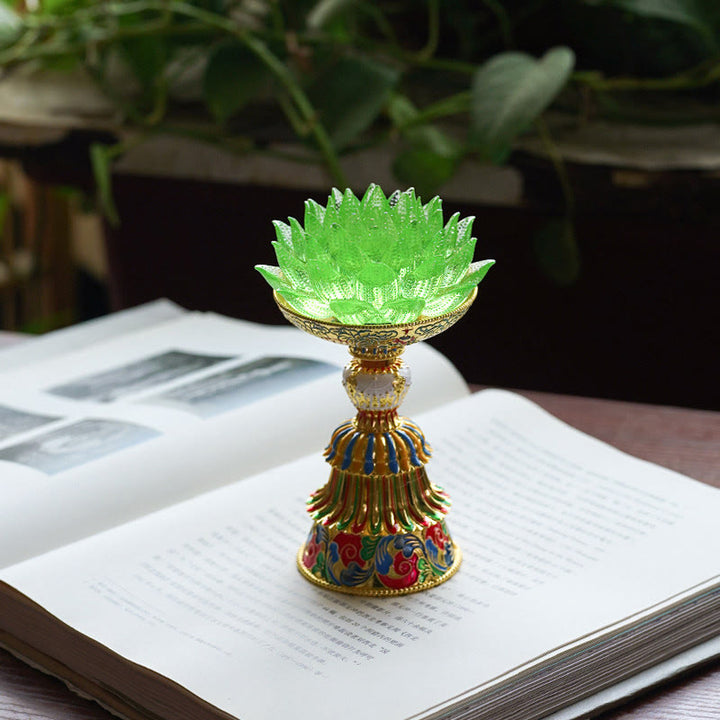 Buddha Stones Lotus Liuli Glassockel mit acht Glückssymbolen – Erleuchtung und Wohnaccessoires - Grüner Lotus (9*14-16*6,8 cm) - Wiederaufladbar - image 34