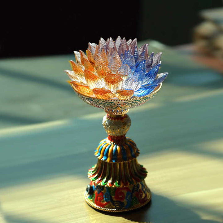 Buddha Stones Lotus Liuli Glassockel mit acht Glückssymbolen – Erleuchtung und Wohnaccessoires - Lotusblume in verschiedenen Farben (9 x 14–16 x 6,8 cm) - Wiederaufladbar - image 0