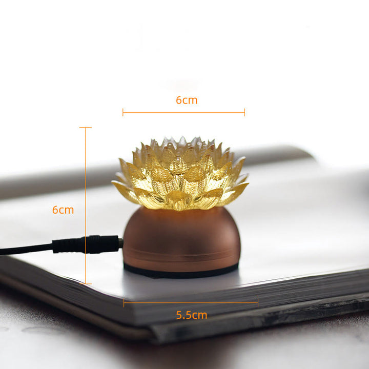Buddha Stones Lotus Liuli Glas Kupfer Messing Neubeginn Wohndekoration - Sockel aus goldener Lotus-Aluminiumlegierung (6 x 6 x 5,5 cm) - Plug-in - image 1