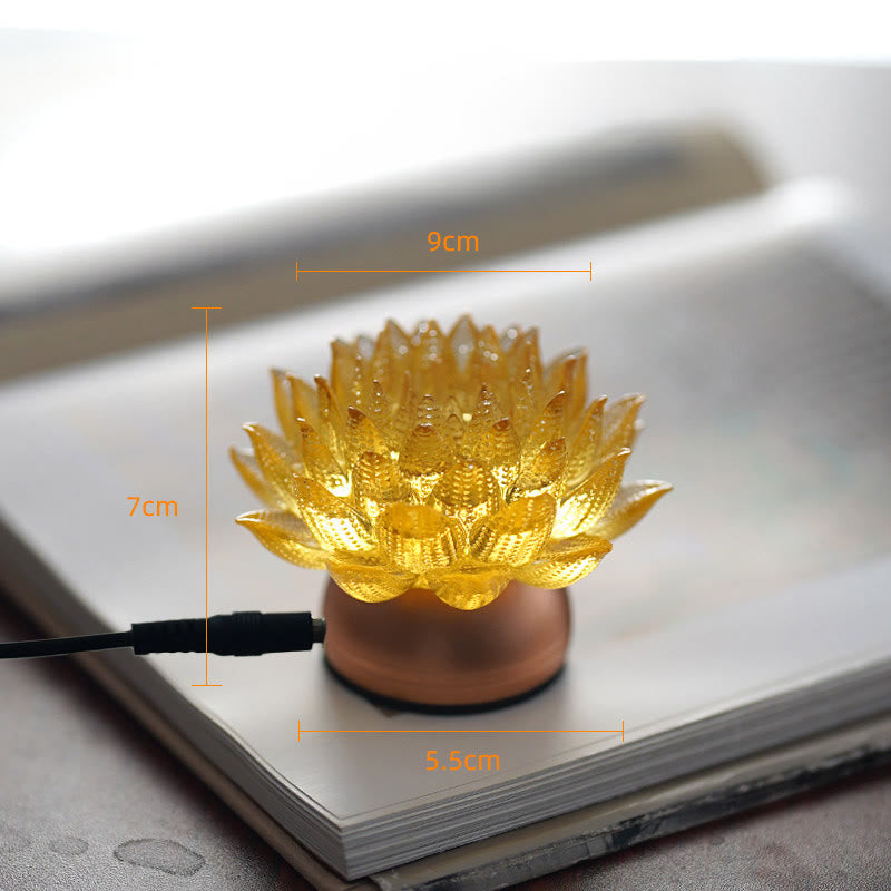 Buddha Stones Lotus Liuli Glas Kupfer Messing Neubeginn Wohndekoration - Sockel aus goldener Lotus-Aluminiumlegierung (9 x 7 x 5,5 cm) - Plug-in - image 15