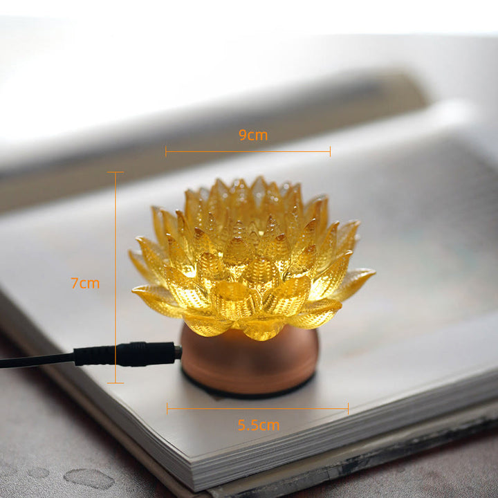 Buddha Stones Lotus Liuli Glas Kupfer Messing Neubeginn Wohndekoration - Sockel aus goldener Lotus-Aluminiumlegierung (9 x 7 x 5,5 cm) - Plug-in - image 15