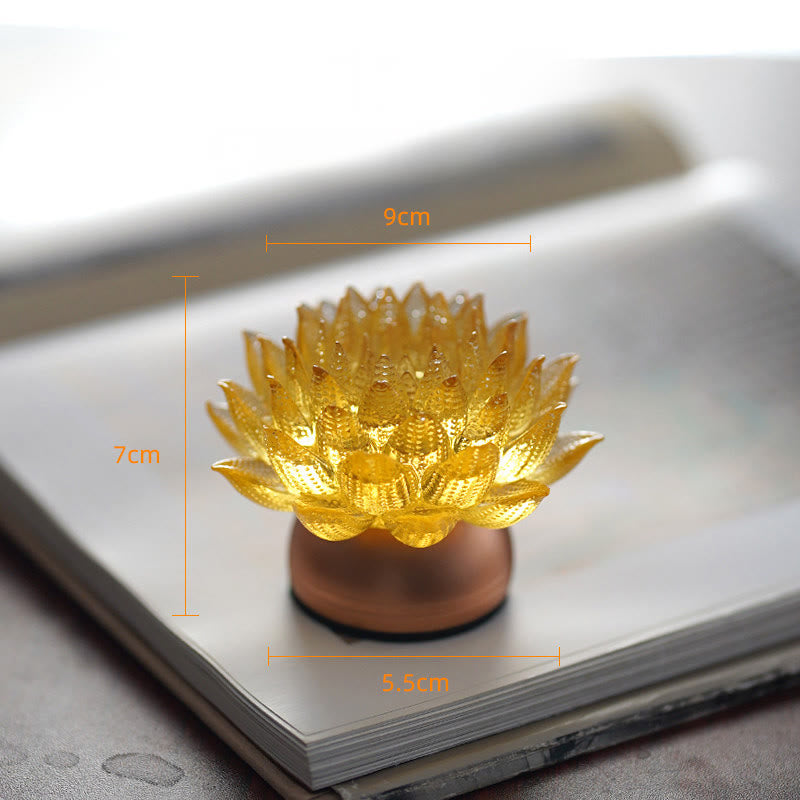 Buddha Stones Lotus Liuli Glas Kupfer Messing Neubeginn Wohndekoration - Sockel aus goldener Lotus-Aluminiumlegierung (9 x 7 x 5,5 cm) - Wiederaufladbar - image 16