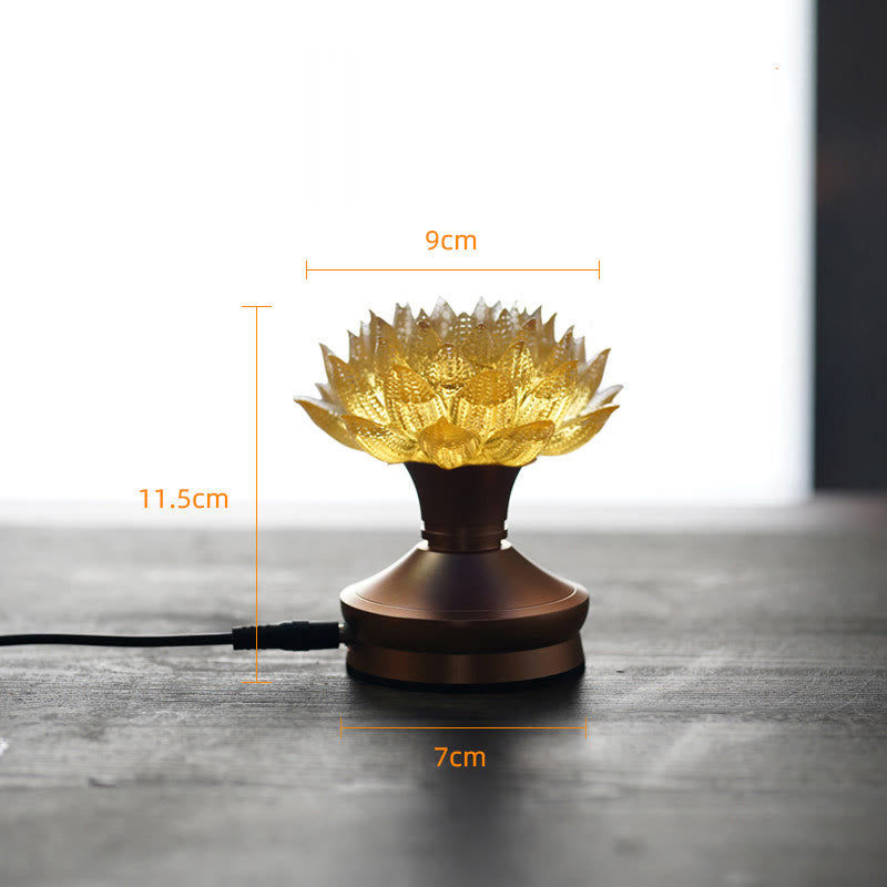 Buddha Stones Lotus Liuli Glas Kupfer Messing Neubeginn Wohndekoration - Sockel aus goldener Lotus-Aluminiumlegierung (9 x 11,5 x 7 cm) - Plug-in - image 26