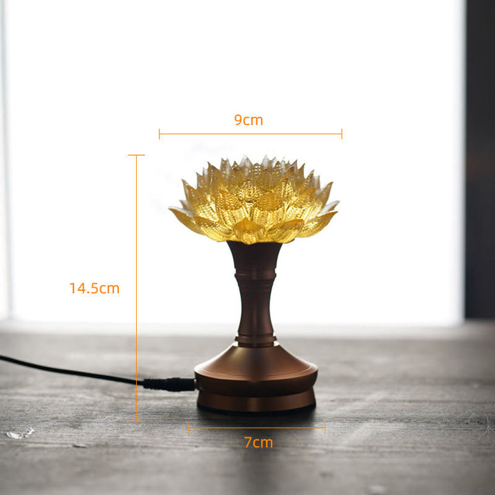 Buddha Stones Lotus Liuli Glas Kupfer Messing Neubeginn Wohndekoration - Sockel aus goldener Lotus-Aluminiumlegierung (9 x 14,5 x 7 cm) - Plug-in - image 34