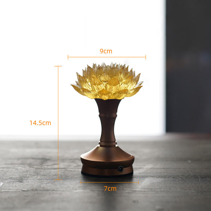 Buddha Stones Lotus Liuli Glas Kupfer Messing Neubeginn Wohndekoration - Sockel aus goldener Lotus-Aluminiumlegierung (9 x 14,5 x 7 cm) - Wiederaufladbar - image 35