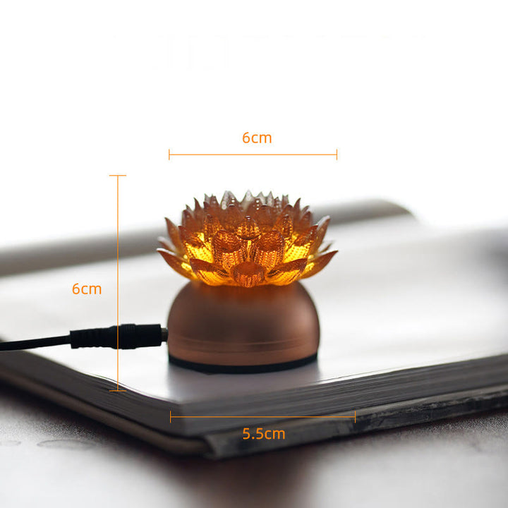 Buddha Stones Lotus Liuli Glas Kupfer Messing Neubeginn Wohndekoration - Sockel aus orangefarbener Lotus-Aluminiumlegierung (6 x 6 x 5,5 cm) - Plug-in - image 4