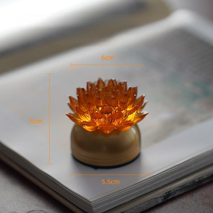 Buddha Stones Lotus Liuli Glas Kupfer Messing Neubeginn Wohndekoration - Sockel aus orangefarbenem Lotus-Kupfer und Messing (6 x 6 x 5,5 cm) - Wiederaufladbar - image 14