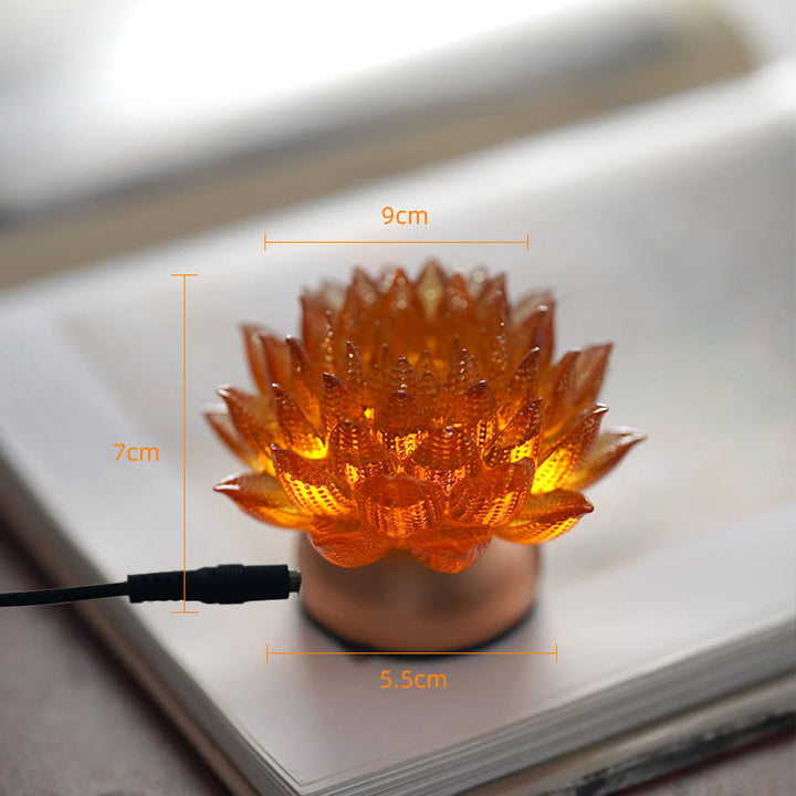 Buddha Stones Lotus Liuli Glas Kupfer Messing Neubeginn Wohndekoration - Sockel aus orangefarbener Lotus-Aluminiumlegierung (9 x 7 x 5,5 cm) - Plug-in - image 17