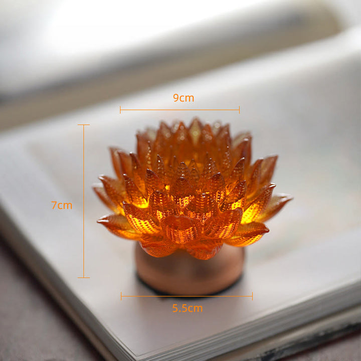 Buddha Stones Lotus Liuli Glas Kupfer Messing Neubeginn Wohndekoration - Sockel aus orangefarbener Lotus-Aluminiumlegierung (9 x 7 x 5,5 cm) - Wiederaufladbar - image 18