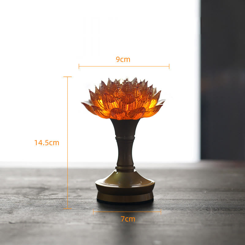 Buddha Stones Lotus Liuli Glas Kupfer Messing Neubeginn Wohndekoration - Sockel aus orangefarbenem Lotus-Kupfer und Messing (9 x 14,5 x 7 cm) - Wiederaufladbar - image 41
