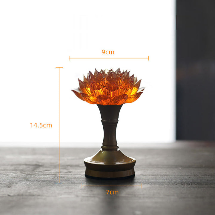 Buddha Stones Lotus Liuli Glas Kupfer Messing Neubeginn Wohndekoration - Sockel aus orangefarbenem Lotus-Kupfer und Messing (9 x 14,5 x 7 cm) - Wiederaufladbar - image 41