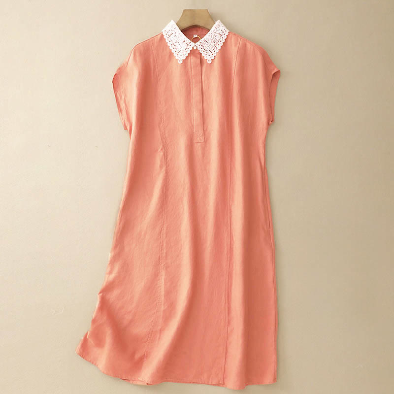 Buddha Stones Sommerliches, ärmelloses Baumwoll-Midikleid mit Taschen, Reverskragen und Lochspitze - Helllachs - US14, UK/AU18, EU46 (2XL) - image 0