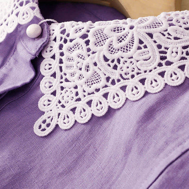 Buddha Stones Sommerliches, ärmelloses Baumwoll-Midikleid mit Taschen, Reverskragen und Lochspitze - image 6