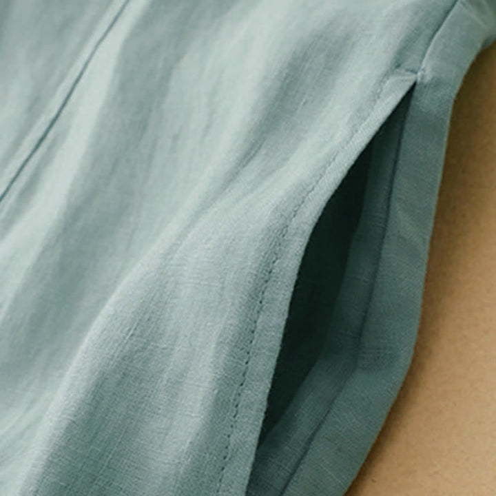 Buddha Stones Sommerliches, ärmelloses Baumwoll-Midikleid mit Taschen, Reverskragen und Lochspitze - image 15