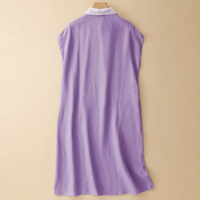 Buddha Stones Sommerliches, ärmelloses Baumwoll-Midikleid mit Taschen, Reverskragen und Lochspitze - image 4