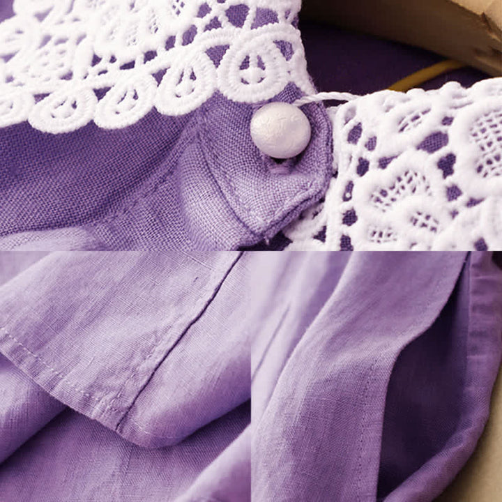 Buddha Stones Sommerliches, ärmelloses Baumwoll-Midikleid mit Taschen, Reverskragen und Lochspitze - image 11