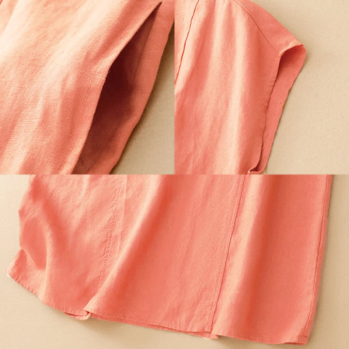 Buddha Stones Sommerliches, ärmelloses Baumwoll-Midikleid mit Taschen, Reverskragen und Lochspitze - image 2