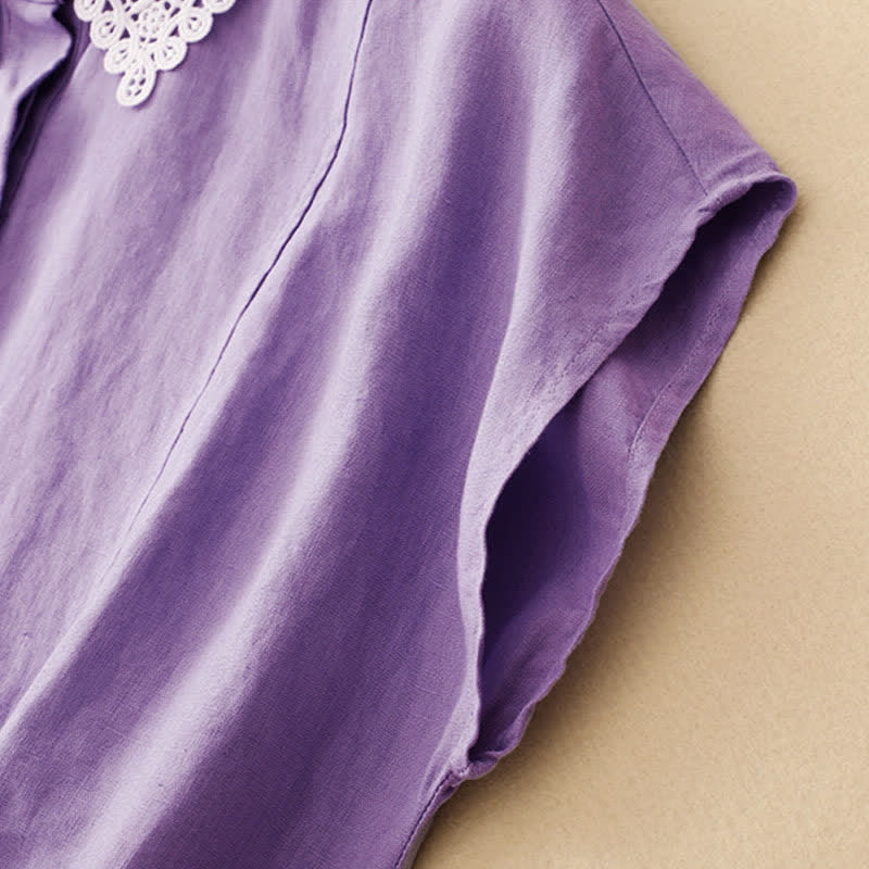 Buddha Stones Sommerliches, ärmelloses Baumwoll-Midikleid mit Taschen, Reverskragen und Lochspitze - image 7