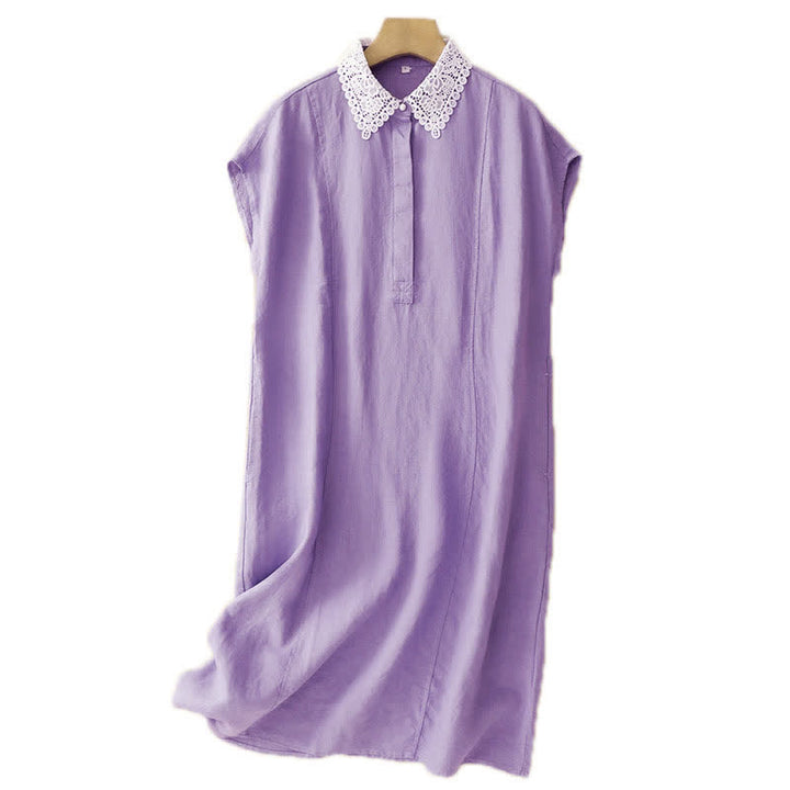 Buddha Stones Sommerliches, ärmelloses Baumwoll-Midikleid mit Taschen, Reverskragen und Lochspitze - image 12