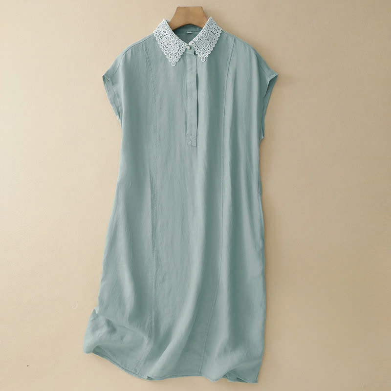 Buddha Stones Sommerliches, ärmelloses Baumwoll-Midikleid mit Taschen, Reverskragen und Lochspitze - Mitteltürkis - US14, UK/AU18, EU46 (2XL) - image 13