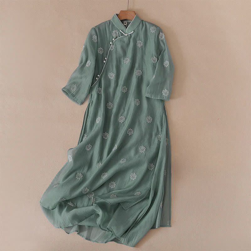 Buddha Stones Maxikleid mit Blumenstickerei, Froschknopfleiste, Stehkragen, Seitenschlitz und halben Ärmeln ... - SeaGreen - US8-10, UK/AU12-14, EU40-42 (2XL) - image 0