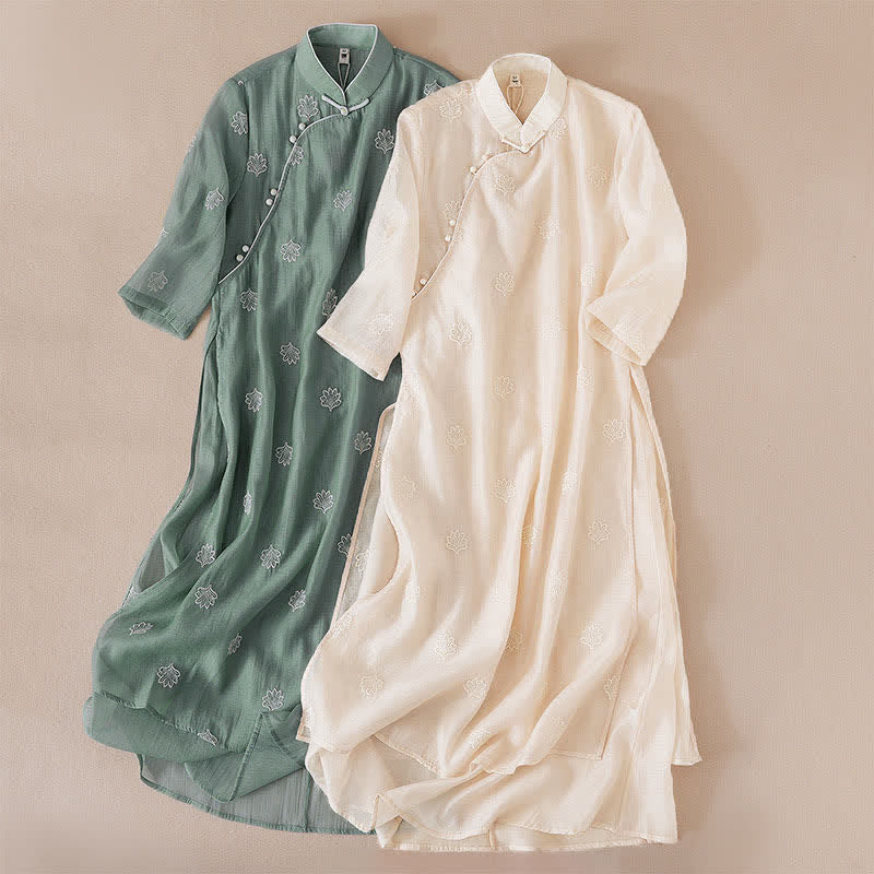 Buddha Stones Maxikleid mit Blumenstickerei, Froschknopfleiste, Stehkragen, Seitenschlitz und halben Ärmeln ... - image 14