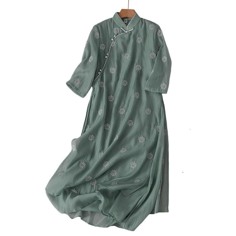 Buddha Stones Maxikleid mit Blumenstickerei, Froschknopfleiste, Stehkragen, Seitenschlitz und halben Ärmeln ... - image 1