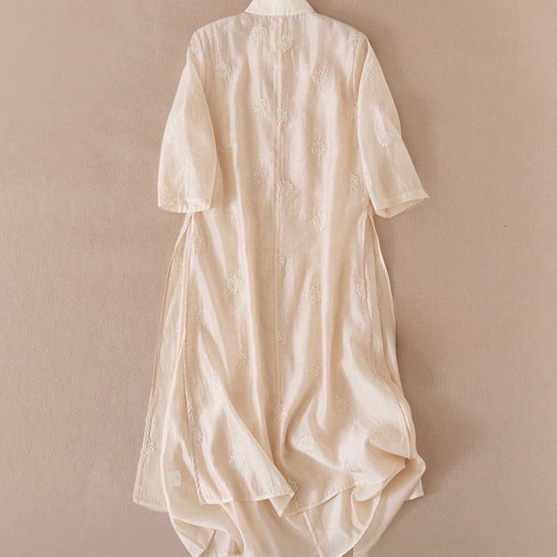 Buddha Stones Maxikleid mit Blumenstickerei, Froschknopfleiste, Stehkragen, Seitenschlitz und halben Ärmeln ... - image 3