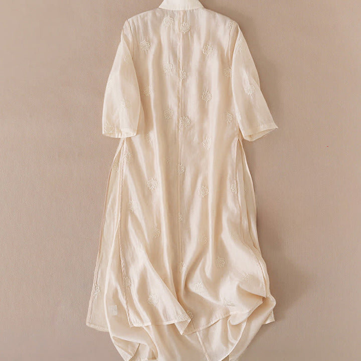 Buddha Stones Maxikleid mit Blumenstickerei, Froschknopfleiste, Stehkragen, Seitenschlitz und halben Ärmeln ... - image 3