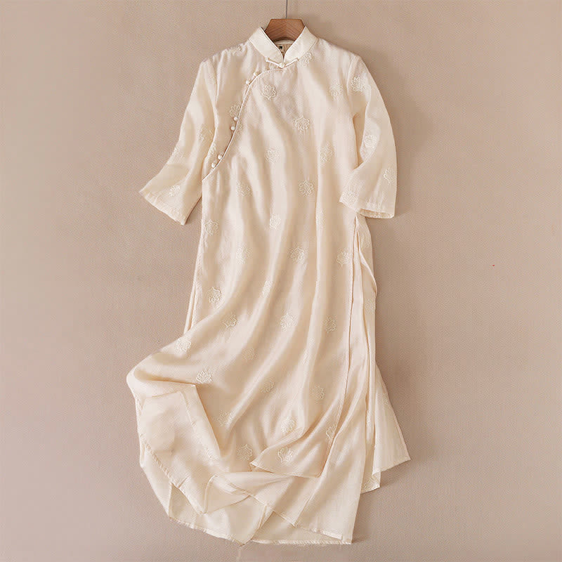 Buddha Stones Maxikleid mit Blumenstickerei, Froschknopfleiste, Stehkragen, Seitenschlitz und halben Ärmeln ... - Papaya-Sahne - US 8-10, UK/AU 12-14, EU 40-42 (2XL) - image 2