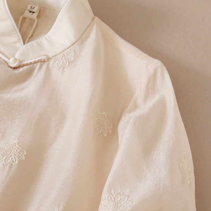 Buddha Stones Maxikleid mit Blumenstickerei, Froschknopfleiste, Stehkragen, Seitenschlitz und halben Ärmeln ... - image 6