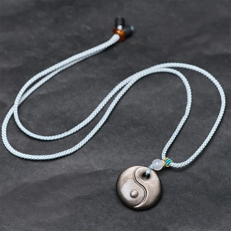 Buddha Stones Halskettenanhänger aus Obsidian mit Yin-Yang-Symbol und silbernem Schimmer - image 3