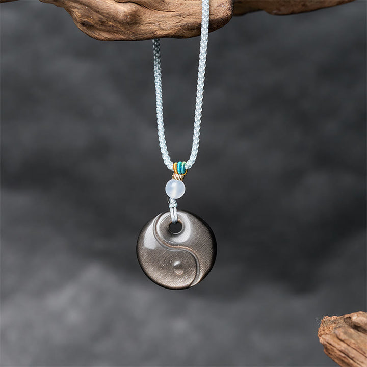 Buddha Stones Halskettenanhänger aus Obsidian mit Yin-Yang-Symbol und silbernem Schimmer - image 2
