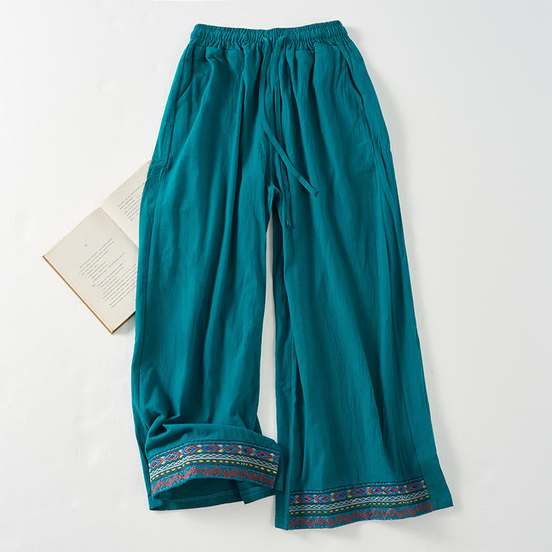 Buddha Stones Schlichte, gestreifte Damenhose im Bohemian-Stil mit weitem Bein und Taschen - Dunkelcyan - US12, UK/AU16, EU44 (XL) - image 0