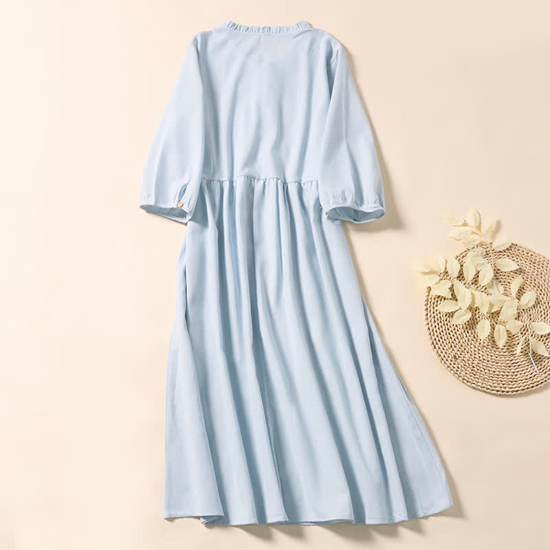 Buddha Stones Sommerliches Midikleid aus Baumwolle mit Falten, Knöpfen und kurzen Ärmeln – perfekt für den Arbeitsweg - image 1