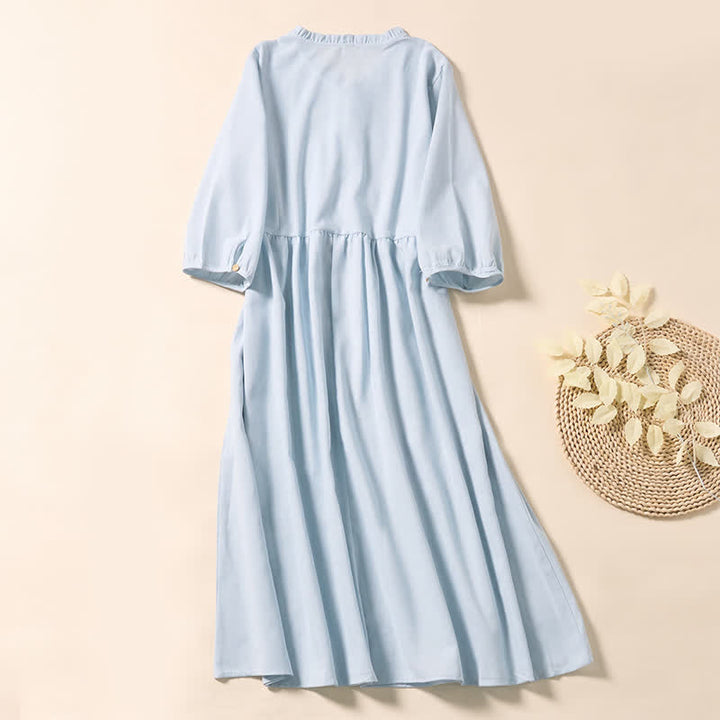 Buddha Stones Sommerliches Midikleid aus Baumwolle mit Falten, Knöpfen und kurzen Ärmeln – perfekt für den Arbeitsweg - image 1