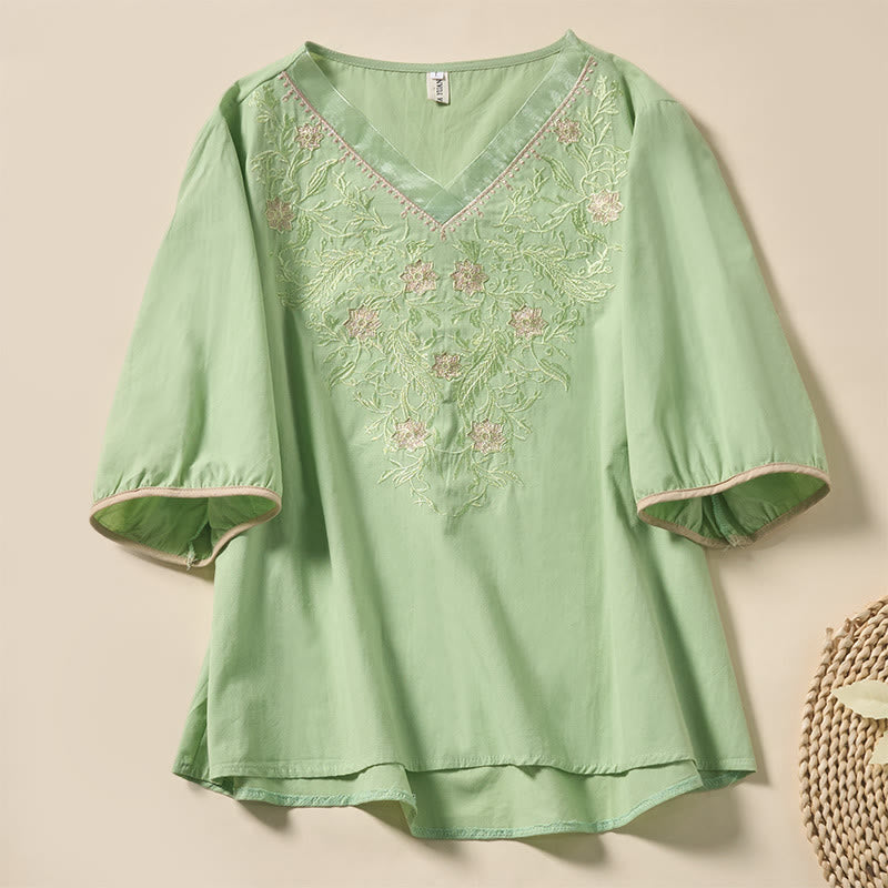Buddha Stones Lässiges Damen-T-Shirt aus Polyester mit V-Ausschnitt und Blumen-/Blattmuster - Hellgrün - US8-10, UK/AU12-14, EU40-42 (2XL) - image 0