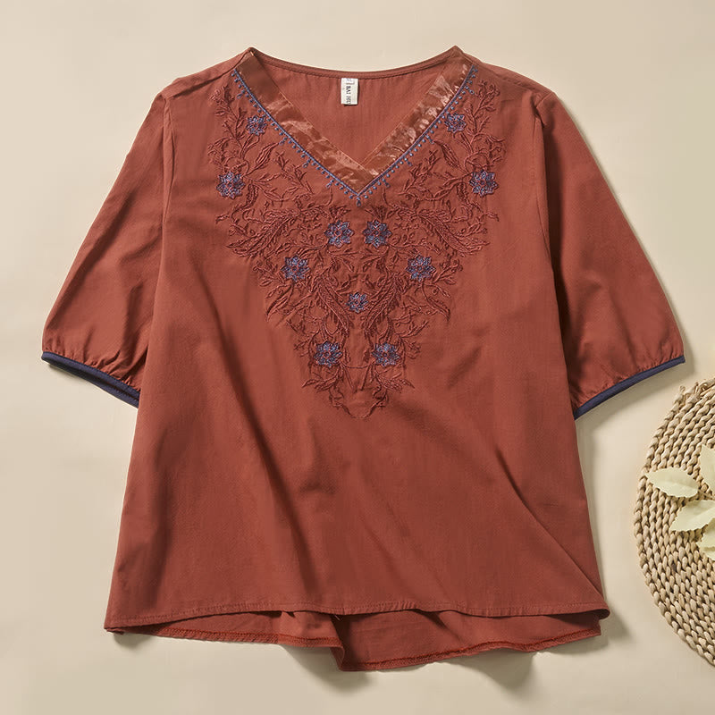 Buddha Stones Lässiges Damen-T-Shirt aus Polyester mit V-Ausschnitt und Blumen-/Blattmuster - IndianRed - US8-10, UK/AU12-14, EU40-42 (2XL) - image 6