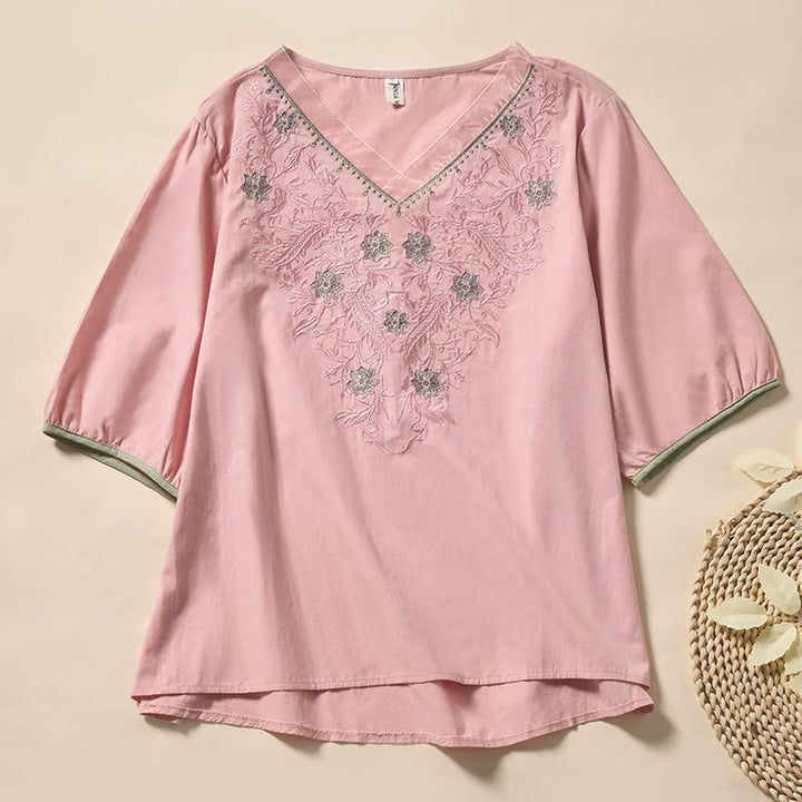Buddha Stones Lässiges Damen-T-Shirt aus Polyester mit V-Ausschnitt und Blumen-/Blattmuster - Rosa - US8-10, UK/AU12-14, EU40-42 (2XL) - image 8