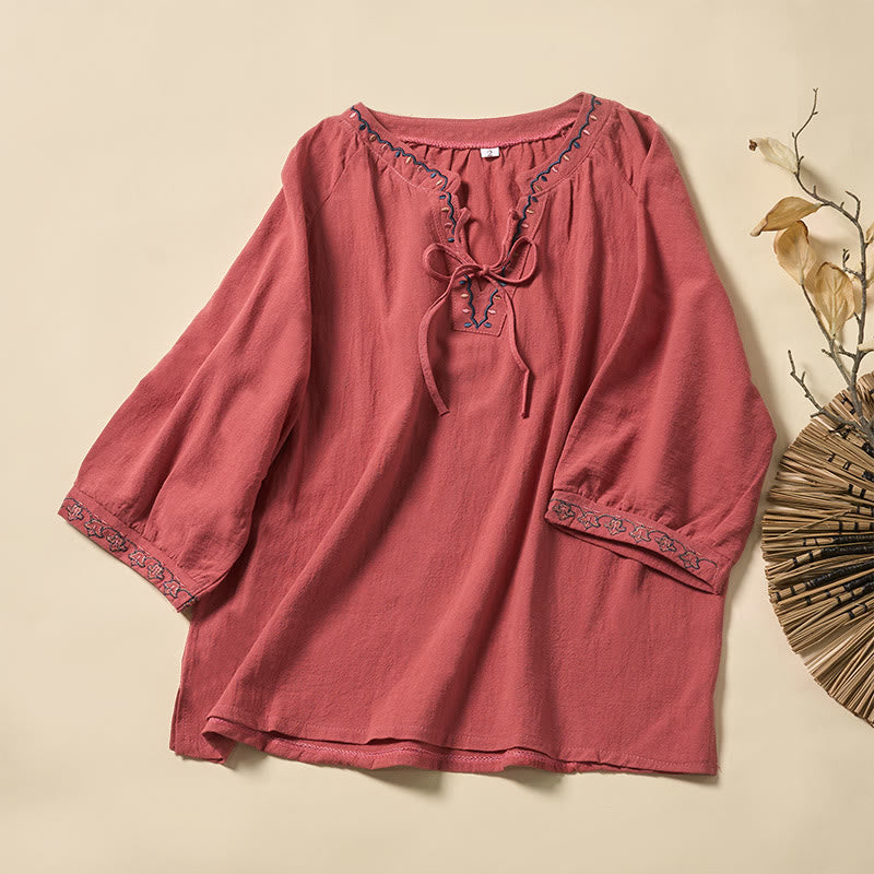 Buddha Stones Sommerliches Damen-Halbarmshirt aus Baumwolle mit V-Ausschnitt, Stickereien und Schnürung. - Lachs - US12, UK/AU16, EU44 (3XL) - image 5