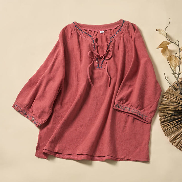 Buddha Stones Sommerliches Damen-Halbarmshirt aus Baumwolle mit V-Ausschnitt, Stickereien und Schnürung. - Lachs - US12, UK/AU16, EU44 (3XL) - image 5